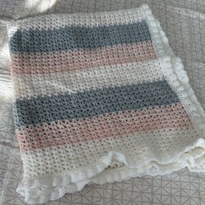 Striped Crochet Baby Blanket in Gray, Pink and White